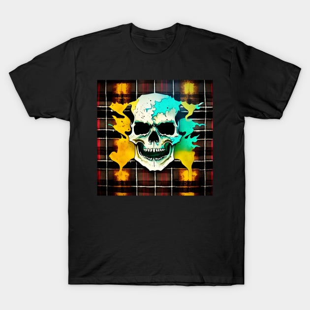 Skull Flames Plaid Grunge Bleach Acid Wash Graphic Skate Punk Biker T-Shirt by Anticulture